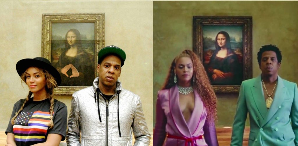 Beyoncé and Jay Z on vacation at the Louvre, and in their new music video "Apeshit," posing both times with the <em>Mona Lisa</em>. Photo courtesy of the artists.
