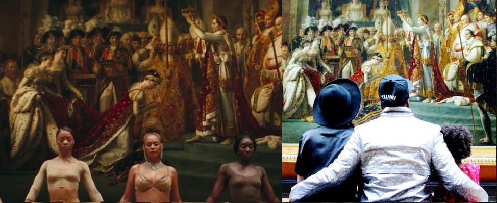 A scene from Beyoncé and Jay Z's new music video "Apeshit," and a photo of the couple and daughter Blue Ivy on vacation at the Louvre, posing both times with the Jacques-Louis David’s <em>The Consecration of the Emperor Napoleon and the Coronation of Empress Joséphine</em>. Photo courtesy of the artists.