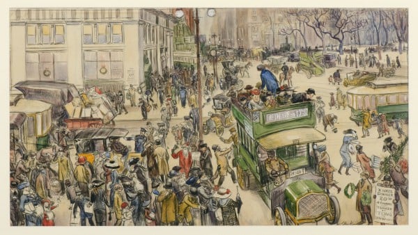 William Glackens Christmas Shoppers, Madison Square, 1912 Crayon and watercolor on paper 17 ¼” x 31” Collection of Museum of Art | Fort Lauderdale, Nova Southeastern University; Bequest of Ira Glackens 91.40.106
