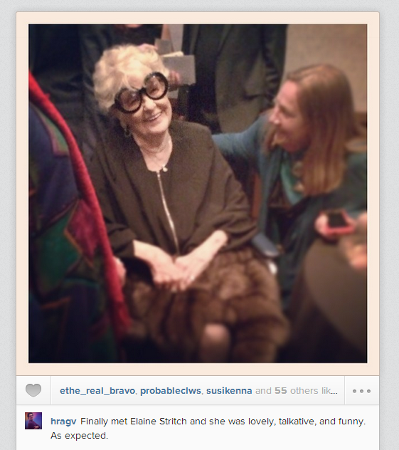 Hyperallergic's Hrag Vartanian snapped a smiling Elaine Stritch. 