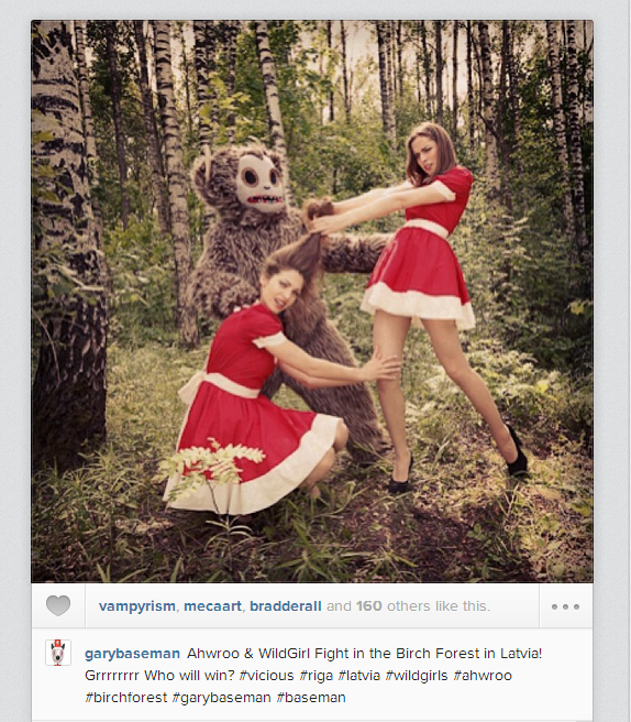 Models fighting a giant stuffed animal in a Latvian forest? Sure, why not.