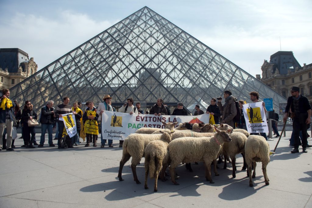 French farmers of the 'Confederation Paysanne' ('Farmers Confederation') union demonstrate with a flock of sheep outside the Louvre museum on March 28, 2014, in Paris. Photo credit should read Martin Bureau/AFP/Getty Images.