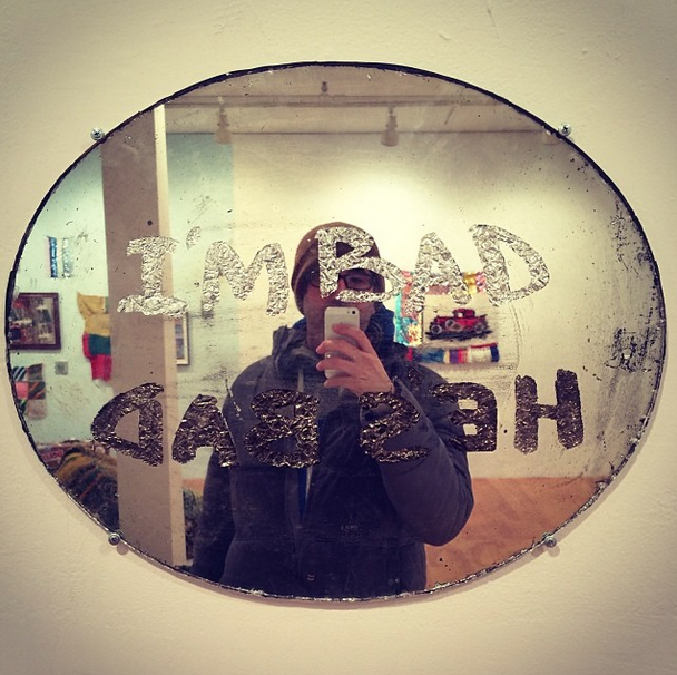 Hyperallergic's Hrag Vartanian takes a selfie with Larry Krones "I'm Bad (He's Bad)". 
