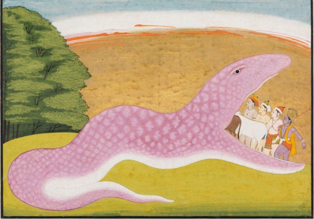 An 18th century painting showing the Hindu god Krishna and the demon snake Ugrasura. Photo: Nancy Wiener