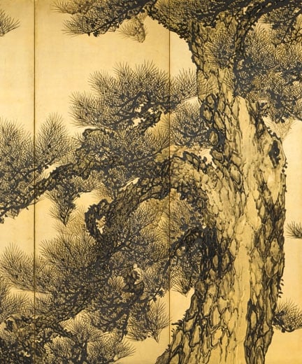 Detail of Pines (ca. 1915) a pair of six-panel folding screens by Suzuki Shonen (1848-1918) ink on paper with gold leaf