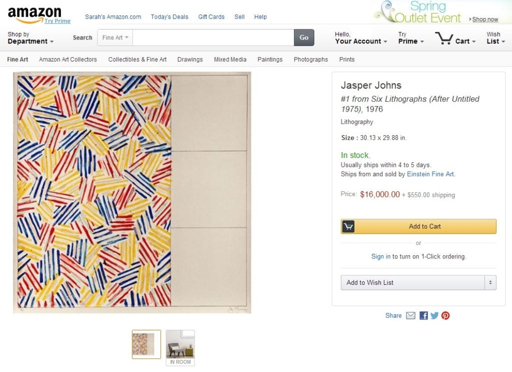 Amazon Art listing for Jasper Johns's #1 from Six Lithographs (After Untitled 1975) (1976), priced at US$16,000.