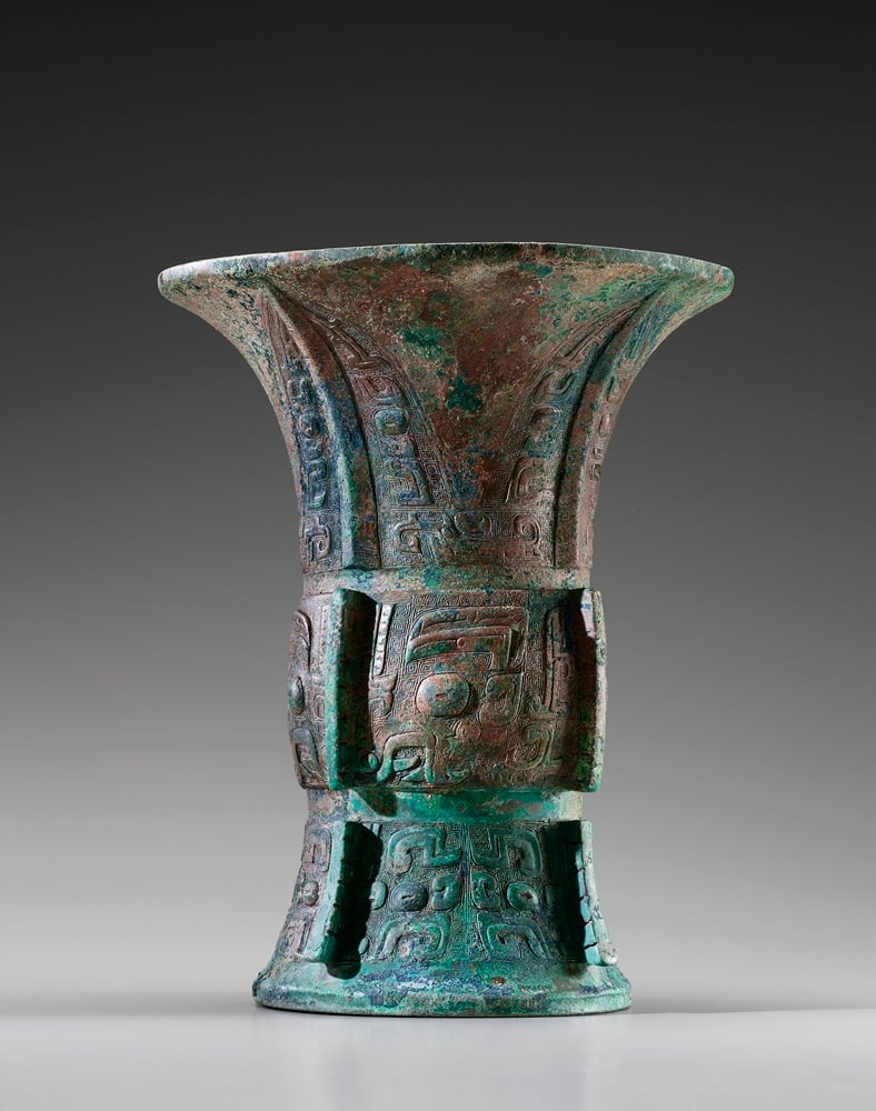 An archaic bronze vessel or Zun, late Shang dynasty (1300--1050 BC) at Belgian dealer Gisele Croes. She is displaying her works at Gagsosian's Madison Avenue space uptown. 