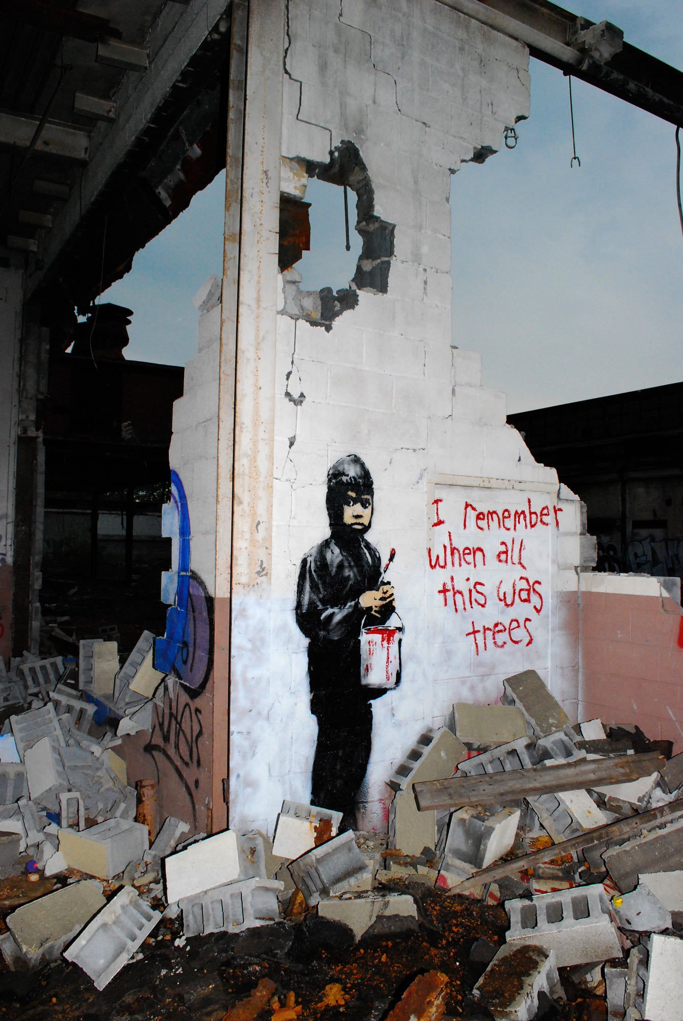 The Banksy mural at the Packard Plant