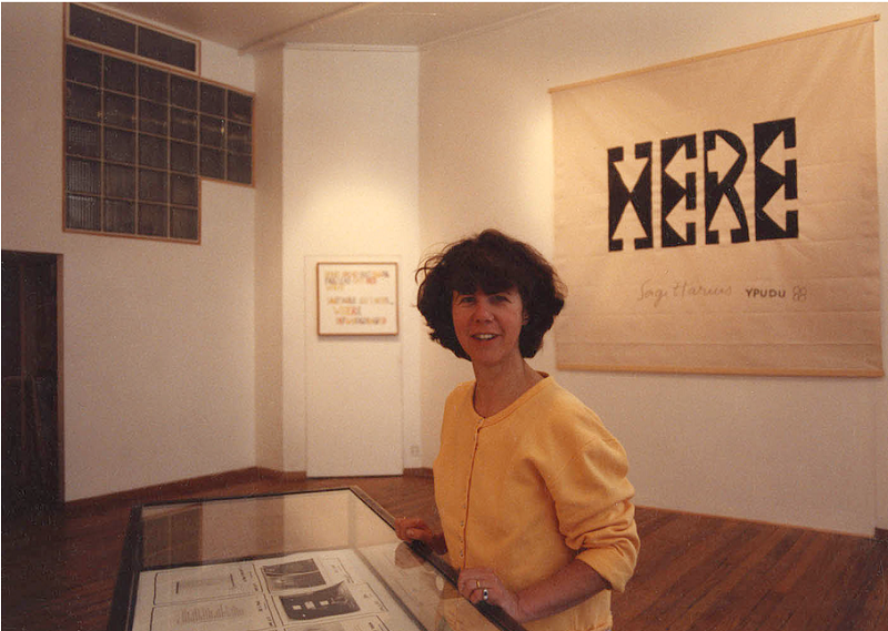 Emily Harvey during Jean Dupuy's Exhibition, Where, at the Emily Harvey Gallery, New York, May 17, 1988 Photo:  Christian Xatrec (courtesy Emily Harvey Foundation) 