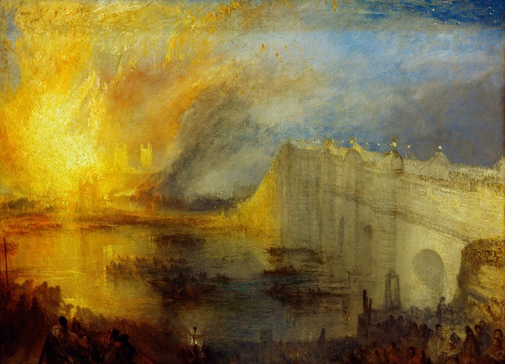 J.M.W. Turner, formerly identified as The Burning of the Houses of Lords and Commons, 16th October, 1834, now known to depict the burning of the Tower of London in 1841.