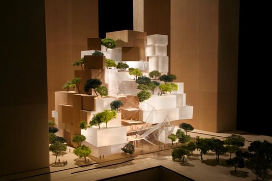 A model of Frank Gehry's design for the planned World Trade Center Performing Arts Center.
