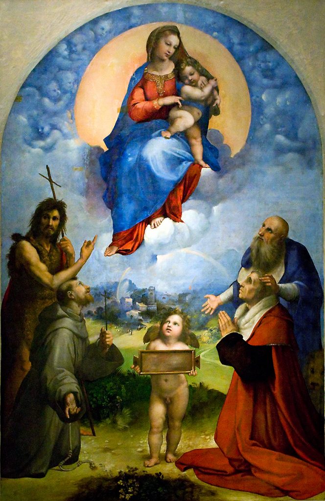 Raphael, Madonna of Foligno (ca. 1511). A smaller copy of the work residing in a private collection in Cordoba, Spain, is now said to be by the master's hand. Collection of the Vatican Museums. Photo by Carlo Colombo, public domain.