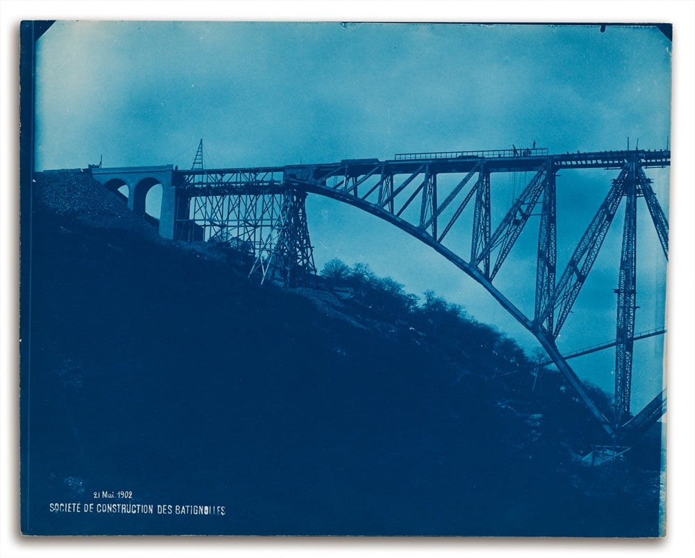 One of a group of 63 cyanotypes documenting the construction of a bridge in the French countryside, 1899-1902. Estimate $5,000 to $7,500. At auction April 17. Photo: Courtesy of Swann Auction Galleries