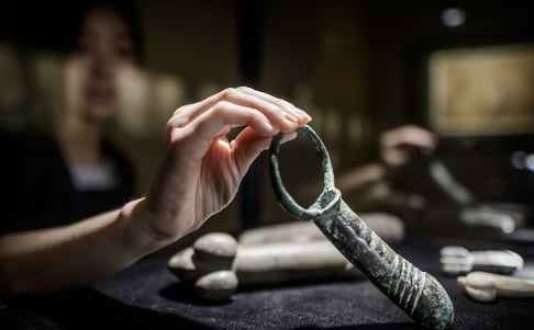 A phallus in the exhibition "Gardens of Pleasure: Sex in Ancient China" in Sothbey's Hong Kong. Photo: courtesy Agence France-Presse. 