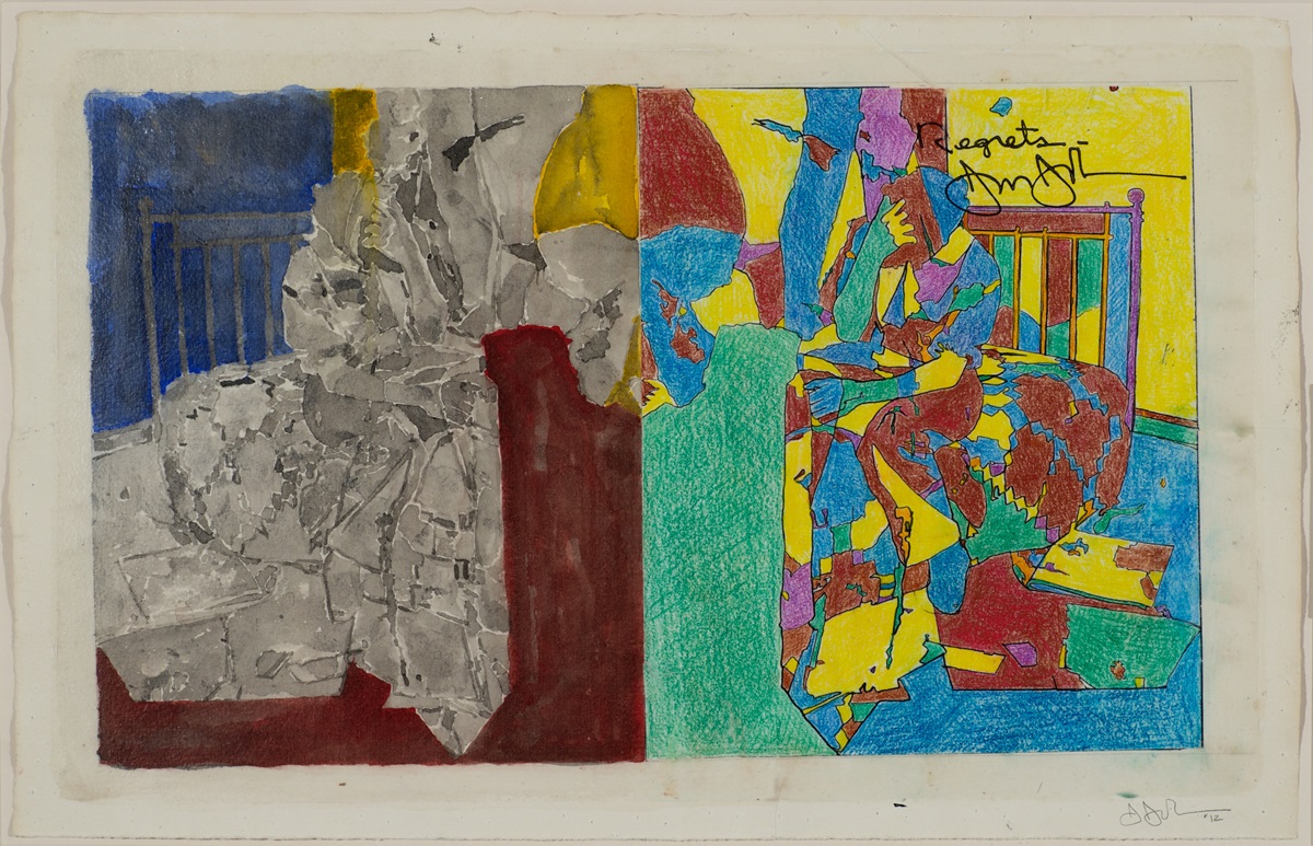 JASPER JOHNS (American, born 1930)  Study for Regrets 2012  Acrylic, photocopy collage, colored pencil, ink and watercolor on paper  11 3/8 × 17 3/4" (28.9 × 45.1 cm)  Collection the artist 