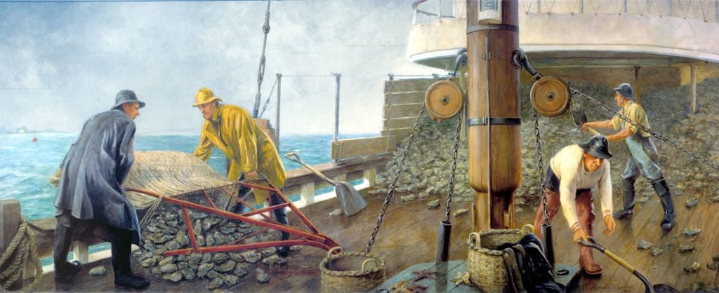 Alexander Rummler,Dredging for Oyster (1937). Collection of the City of Norwalk, WPA Art Collection, Norwalk City Hall.