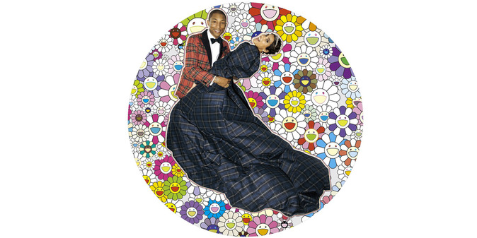 Takashi Murakami, Portrait of Pharrell and Helen - Dance, 2014. Acrylic and platinum leaf on canvas mounted on board (Photo by Terry Richardson).