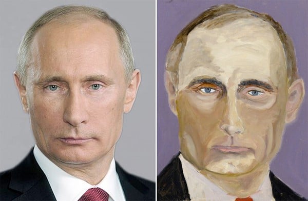 George W. Bush's portrait of Vladimir Putin along with a photo that can be found in a Google image search.