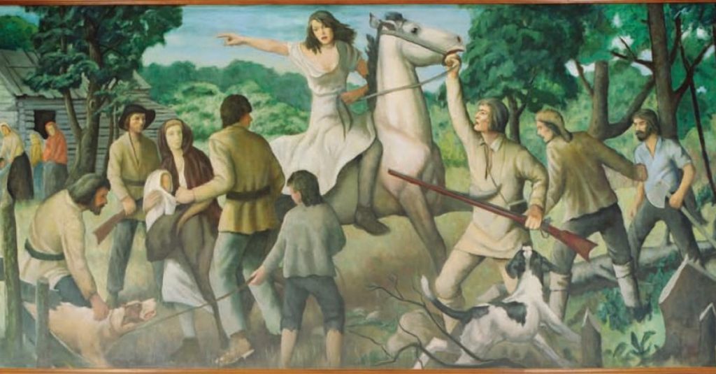 John W. Beauchamp, <em>Rachel Silverthorne's Ride in August 1778</em>, mural done for the WPA in the Muncy Post Office, Lycoming County, Pennsylvania. Work of the United States Department of the Treasury, public domain.