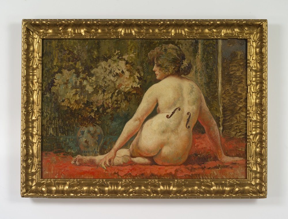HANS-PETER FELDMANN Nude with Man Ray marks oil on canvas 31 1/2 x 44 inches (66 x 95.9 cm) framed HPF 373 