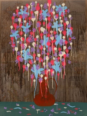 Michael De Feo Oh So Very Bloemen, 2014 Acrylic, urethane, spray paint and maps on canvas 53.5" x 40" x 3"