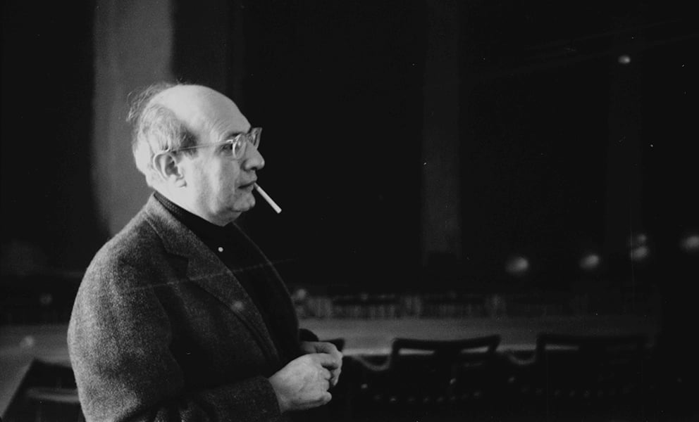 Mark Rothko in front of Panel Two and Panel Three of the Harvard Murals, Holyoke Center, January 1963. Photo: Elizabeth H. Jones, courtesy President and Fellows of Harvard College.