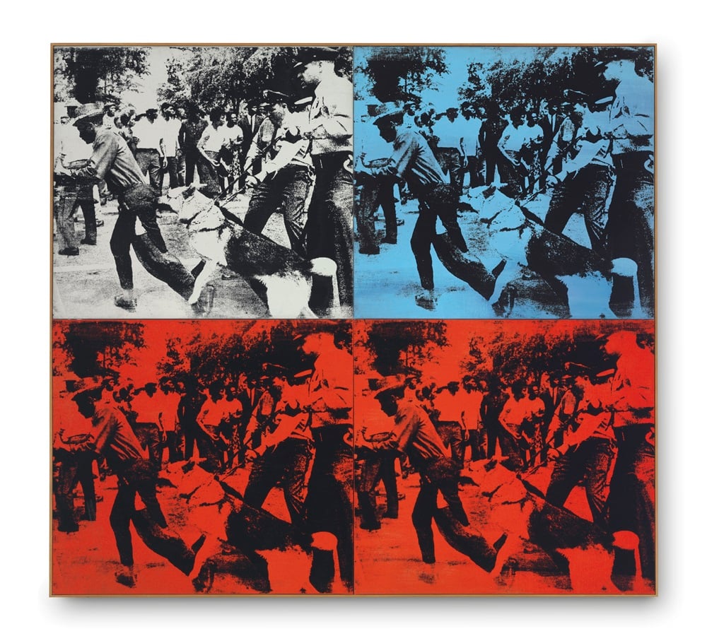 Andy Warhol (1928-1987) Race Riot signed and dated 'Andy Warhol 64' (on the overlap of the upper left panel) acrylic and silkscreen ink on linen, in four parts overall: 60 x 66 in. (152.4 x 167.6 cm.) Painted in 1964. Photo: Courtesy Christie's