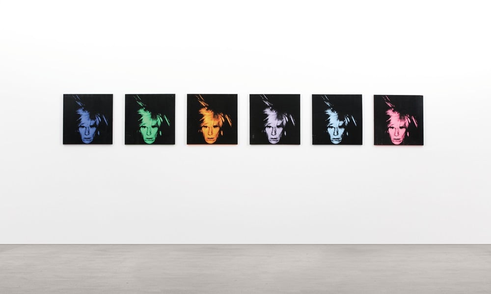 Lot 23 Andy Warhol Six Self Portraits each signed and dated 86 on the overlap acrylic and silkscreen ink on canvas, in six parts each: 22 x 22 in. 56 x 56 cm. Estimate $25/35 million 