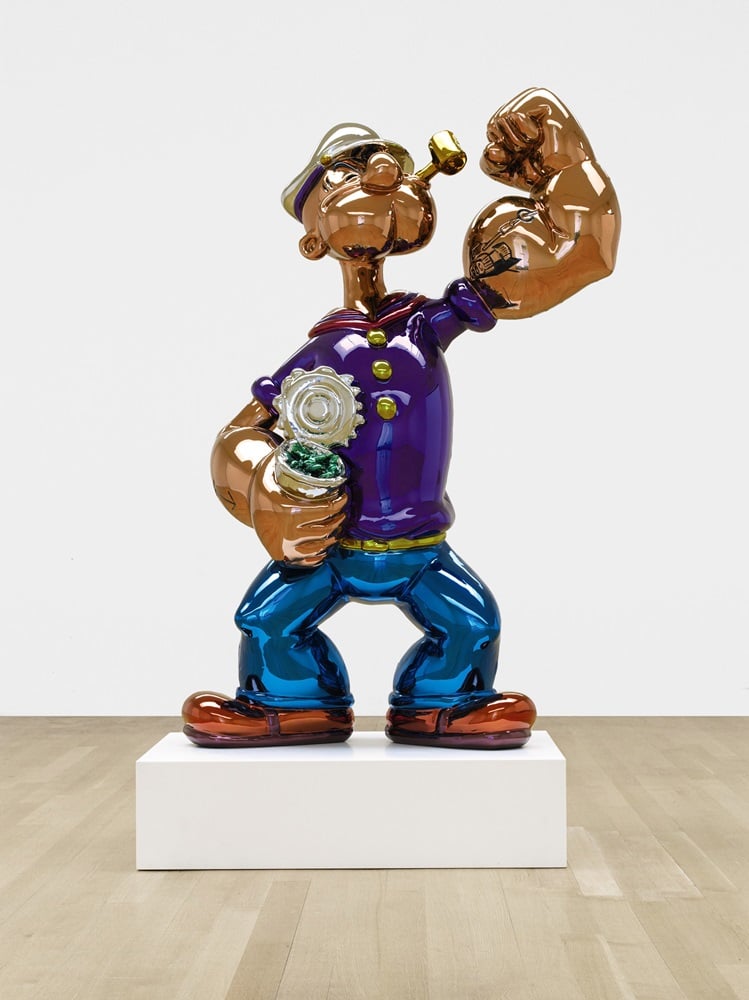 Jeff Koons  Popeye Signed, dated 2009-2011 and numbered 3/3 on the underside of Popeye's right foot High chromium stainless steel with transparent color coating 78 x 51 x 28 in. (198.1 x 129.5 x 71.1 cm.) Executed in 2009-2011, the work is number three from an edition of three Estimate: In the region of $25 million © 2014 Jeff Koons 