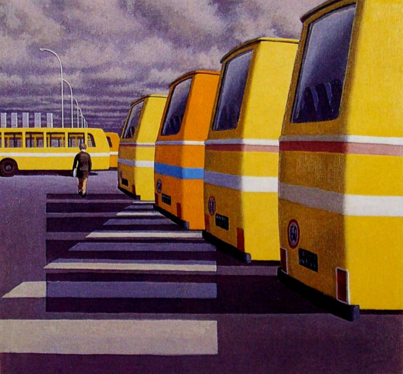 Jeffrey Smart, Study for 'City Bus Station' 1985). Photo: courtesy Fine Australian Paintings, Sotheby's Australia, Melbourne.