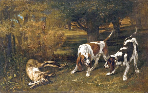 Gustave Courbet,<em> Hunting Dogs With Dead Hare</em> (1857). Photo: courtesy Metropolitan Museum of Art, New York.
