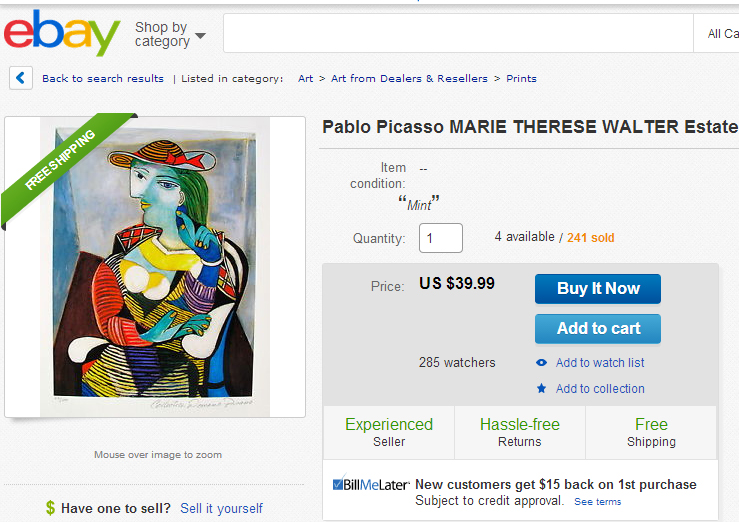 Screen capture of an eBay auction for a Pablo Picasso print.