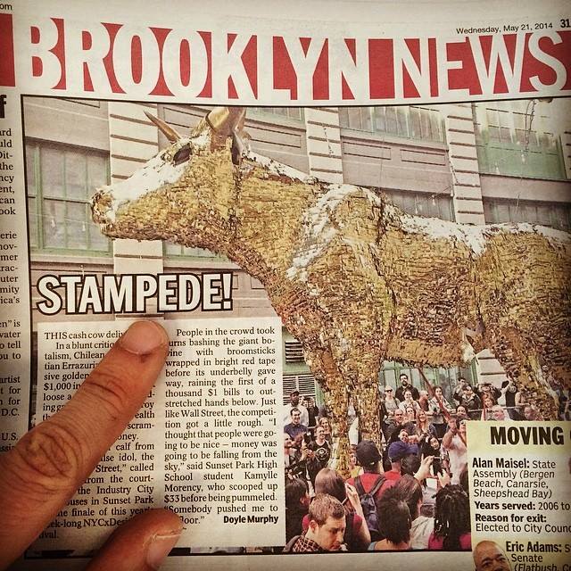 An Instagram image of newspaper coverage of the golden cash cow's destruction. Via Sebastian Errazuriz's Facebook page. 