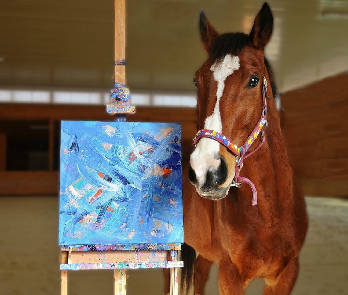 Metro the Painting Racehorse with his work. Photo: courtesy Metro's official website.