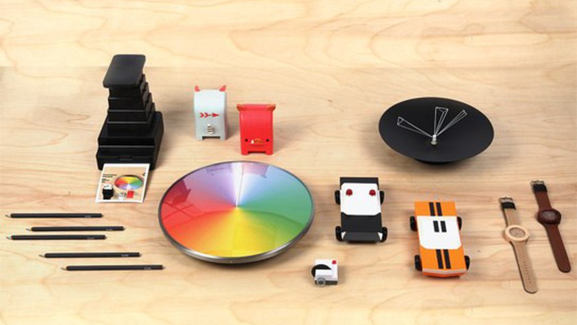 Some of the products in the Kickstarter@MoMAStore collection, including "The Present," a rainbow-hued year-long clock by Scott Thrift. Photo: courtesy MoMa Design Store, New York.