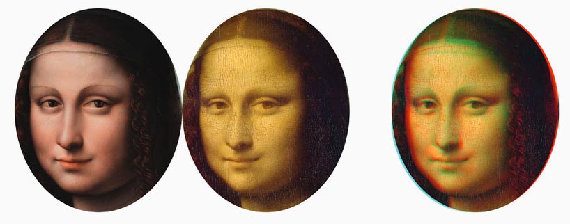 The Prado <em>Mona Lisa</em>, left, DaVinci's original, right, and the combined red–cyan anaglyph stereoscopic version. 