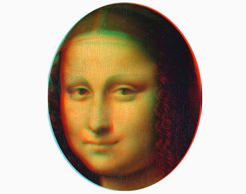 A red–cyan anaglyph combining the original Mona Lisa with the Prado version reveals a 3D image.