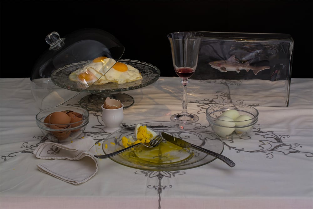 Dan Bannino, <em>Charles Saatchi, "The egg diet"</em>, nine eggs prepared in multiple ways and a glass of wine (presumably he doesn't dine on Damien Hirst shark). Photo: courtesy the artist. 