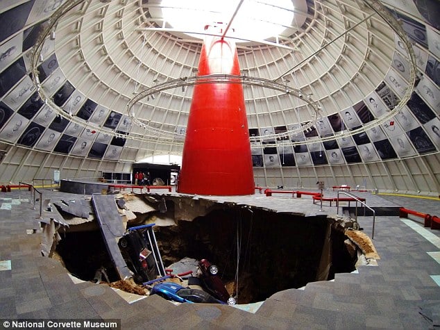 The sinkhole in the Skydome showroom at the National Corvette Museum. Photo: courtesy National Corvette Museum in Bowling Green, Kentucky.