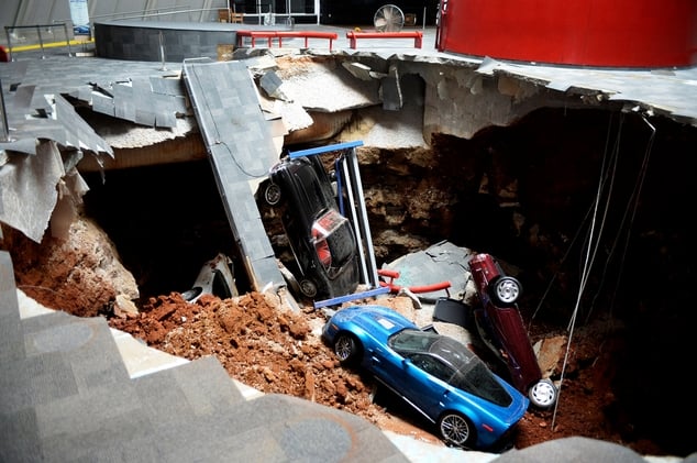 The sinkhole in the Skydome showroom at the National Corvette Museum on February 12, 2014. Photo: Michael Noble Jr., courtesy Associated Press/National Corvette Museum in Bowling Green, Kentucky.