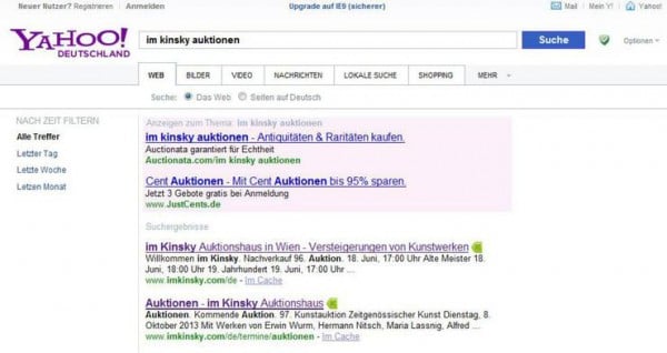 Screenshot of Yahoo Deutschland search results taken last September Photo: via Handelsblatt