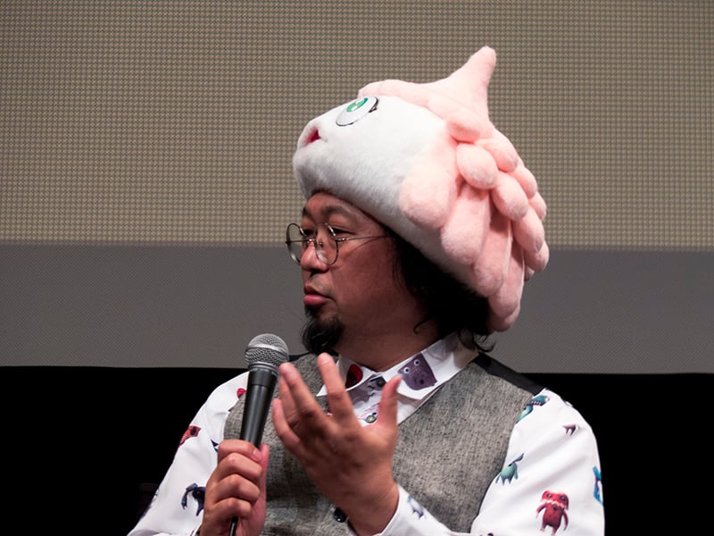 Takashi Murakami at a screening of Jellyfish Eyes at the Film Society of Lincoln Center, wearing a Kurage-bo hat.