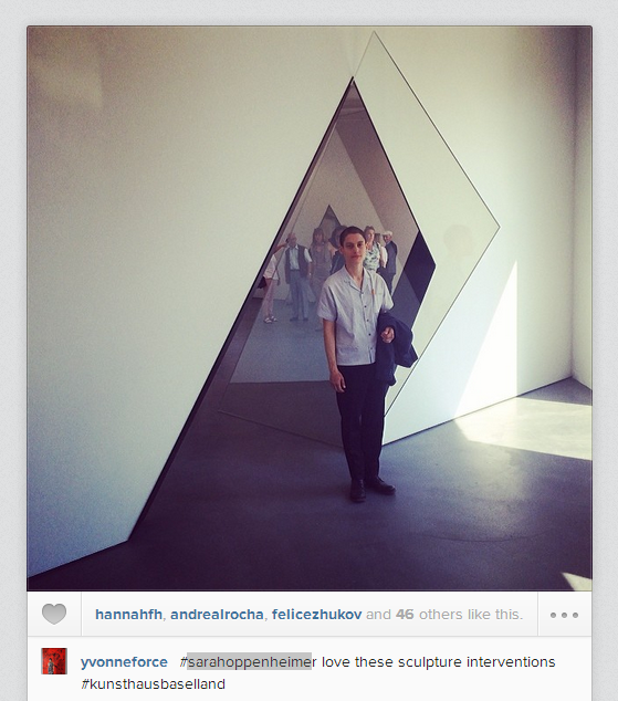  Artist Sarah Oppenheimer poses with one of her works. Photo: Instagram/@yvonneforce