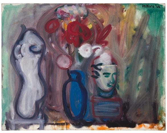 Robert De Niro Sr., Flowers in a Blue Vase (1966), on offer at DC Moore Gallery for $75,000. Photo courtesy of DC Moore and the estate of Robert De Niro Sr. 