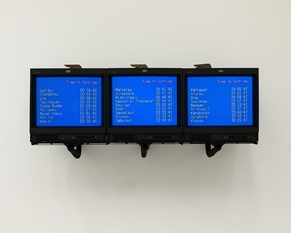 Paul Ramírez Jonas, Another Day (2003), three monitors, custom-made microcontroller, and PBASIC code output to NTSC video signal edition 1/3 Installation view from "Under the Same Sun: Art from Latin America Today" Photo: David Heald © Solomon R. Guggenheim Foundation