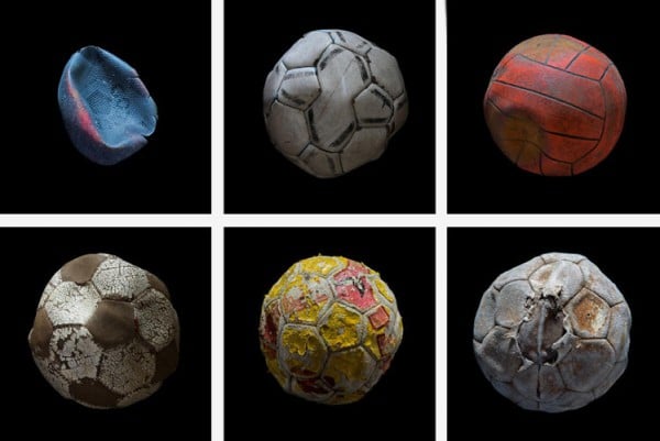 Mandy Barker, assorted soccer balls washed ashore in different countries (2014), part of the "Penalty" series. Photo: Mandy Barker.