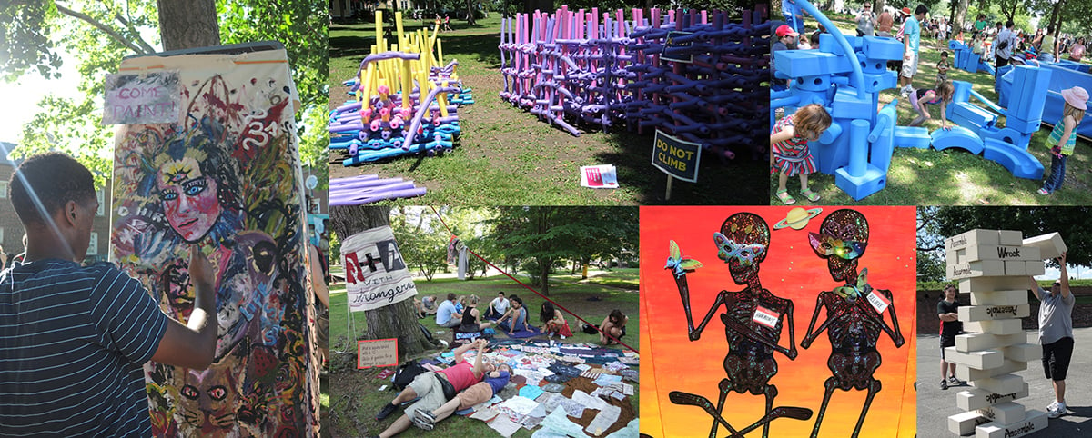 Scenes from Figment. From top left: a painting station at the JunXion; Eileen Chen, Jenny Lin, Gabriel Calatrava, Martin Lodman and Susan Bopp, Noodloo; children play with oversize building blocks; a family plays Jenga in Ellie Suchmann and Kelsey Harrison's Giant's Playthings; Giovanni Gelardi, Twelve Celestial Apostles (detail); and Pollitos Unidos, Q&A With Strangers. Photo: Sarah Cascone.