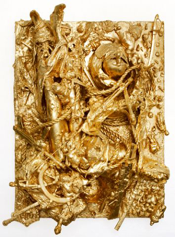 John Miller, The Protoplasmethic Depths, 2008, gold leaf, plaster, papier mache, assorted clothing, and plastic objects on hollow-core panel, Galerie Praz-Delavallade, Paris, France