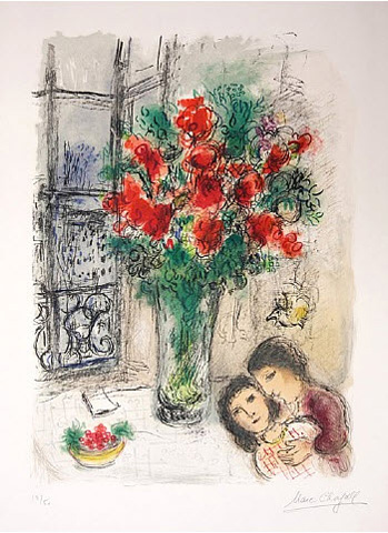 Marc Chagall, Les Fleurs Rouge, 1973, lithograph in colors on Arches paper, Denis Bloch Fine Art, Beverly Hills, CA