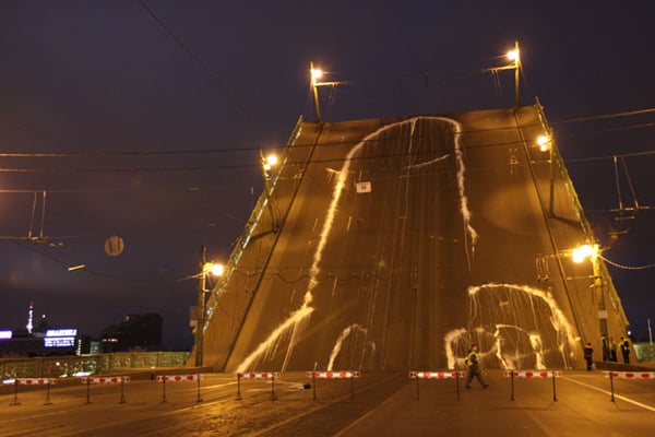 A St. Petersburg bridge received phallic graffiti from art-group Voina in 2010. Photo: via Animal New York.